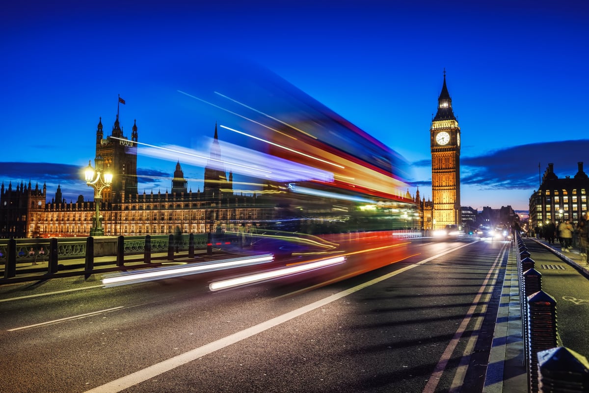 Long exposure view of the illuminated Big Ben and Westminster Palace in London at night