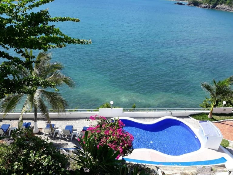 Luxury beachfront resort pool with turquoise ocean view, blue loungers, pink flowers, and palm trees